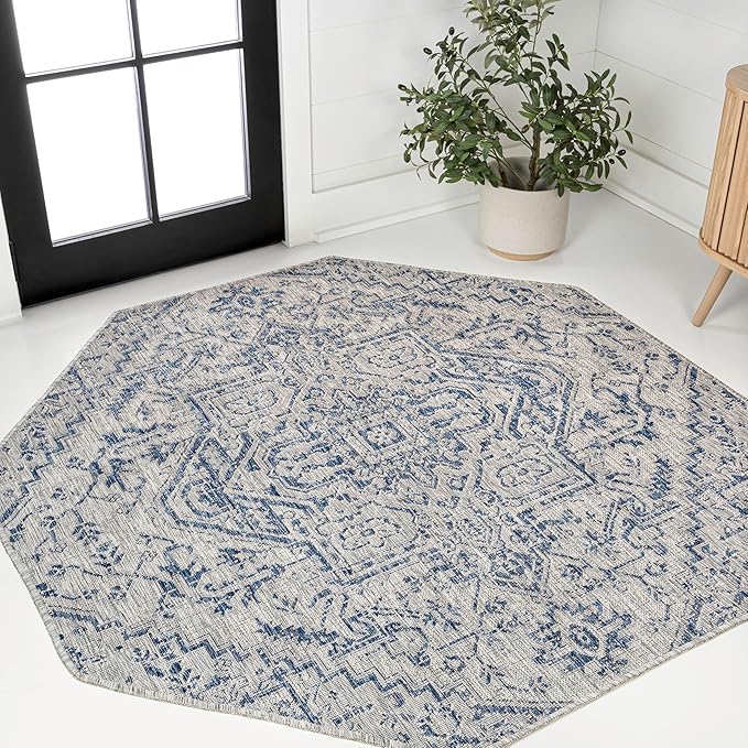 JONATHAN Y Boho Medallion Indoor Outdoor Octagon Area Rug 8 Ft Navy/Gray, Estrella Textured Weave for Backyard, Patio, Porch, Easy-Cleaning, High Traffic, Pet-Friendly, Non-Shedding (SMB105B-8TGN)