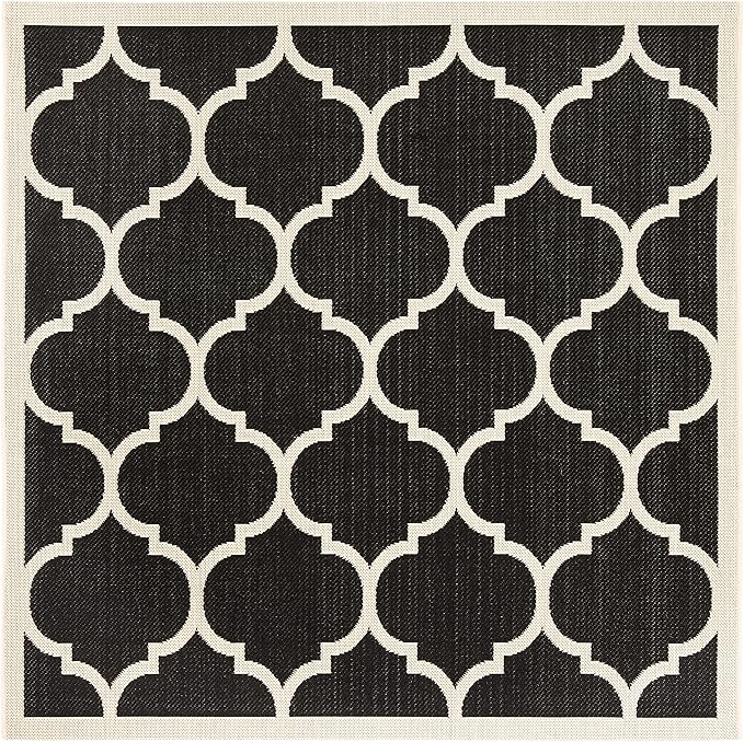 SAFAVIEH Washable Rug Outdoor Courtyard Collection - 5'3" Square, Black & Beige, Non-Shedding & Easy Cleaning, Ideal for Patio, Backyard, Mudroom (CY6914-266)