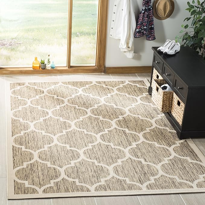 SAFAVIEH Washable Rug Outdoor Courtyard Collection - 4' Square, Brown & Bone, Non-Shedding & Easy Cleaning, Ideal for Patio, Backyard, Mudroom (CY6914-242)
