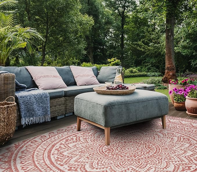 SAFAVIEH Washable Rug Outdoor Courtyard Collection - 9' x 12', Light Beige & Terracotta, Non-Shedding & Easy Cleaning, Ideal for Patio, Backyard, Mudroom (CY8734-36512)