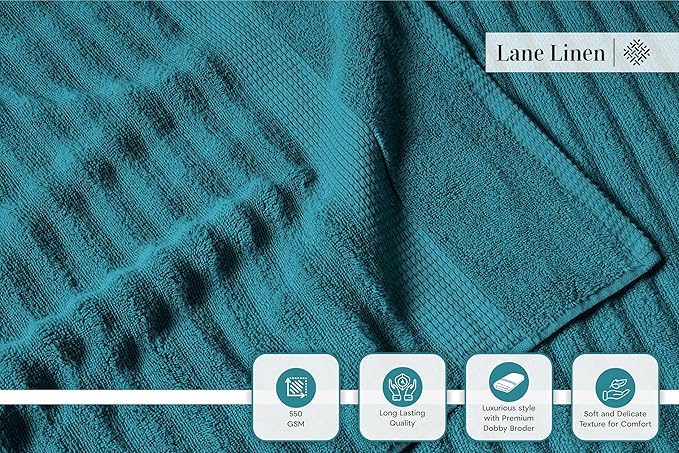 LANE LINEN Towels for Bathroom - Luxury, 100% Cotton Bath Towel Set of 6 - Includes 2 Bath, 2 Hand Towel, 2 Wash Cloths for Body - Zero Twist, Ribbed, Quick Dry Bath Towels for Daily Use - Sea Port