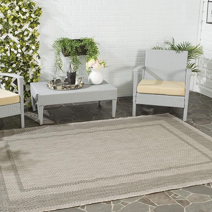 SAFAVIEH Washable Rug Outdoor Courtyard Collection - 6'7" Square, Beige & Black, Non-Shedding & Easy Cleaning, Ideal for Patio, Backyard, Mudroom (CY8477-36612)