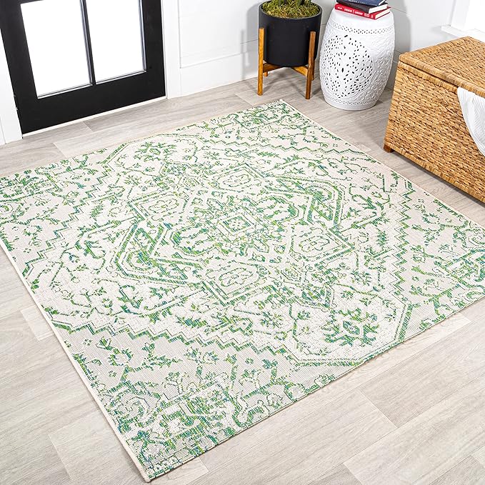 JONATHAN Y Boho Medallion Indoor Outdoor Square Area Rug 5X5 Green/Cream, Estrella Textured Weave for Backyard, Patio, Porch, Easy-Cleaning, High Traffic, Pet-Friendly, Non-Shedding (SMB105G-5SQ)