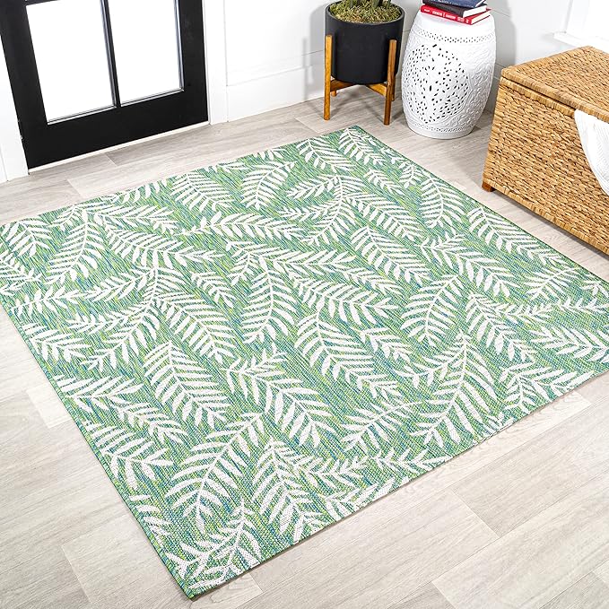 JONATHAN Y Palm Frond Indoor Outdoor Square Area Rug 5X5 Cream/Green, Nevis for Backyard, Patio, Porch, Easy-Cleaning, High Traffic, Pet-Friendly, Non-Shedding (SMB119G-5SQ)
