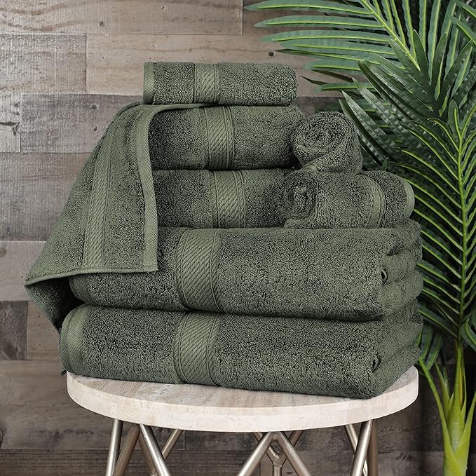 BLUENILEMILLS Madison Egyptian Cotton Towels, Towel Set for Bathroom, Shower, Hotel, Plush, 900 GSM, Highly Absorbent and Ultra-Soft Towels, Bath Essentials, 8 Piece Assorted Towel Set, Forest Green