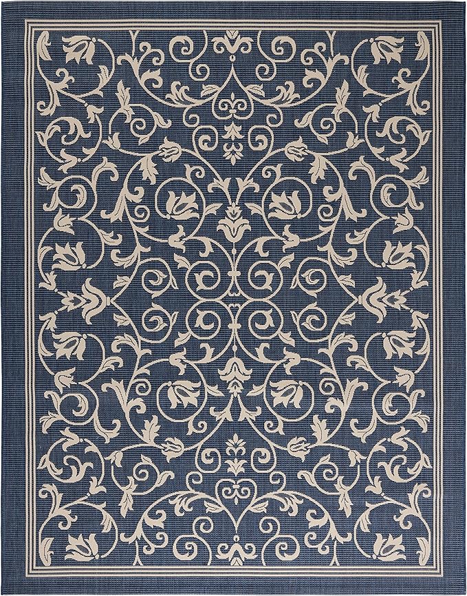 SAFAVIEH Washable Rug Outdoor Courtyard Collection - 9' x 12', Navy & Beige, Non-Shedding & Easy Cleaning, Ideal for Patio, Backyard, Mudroom (CY2098-268)