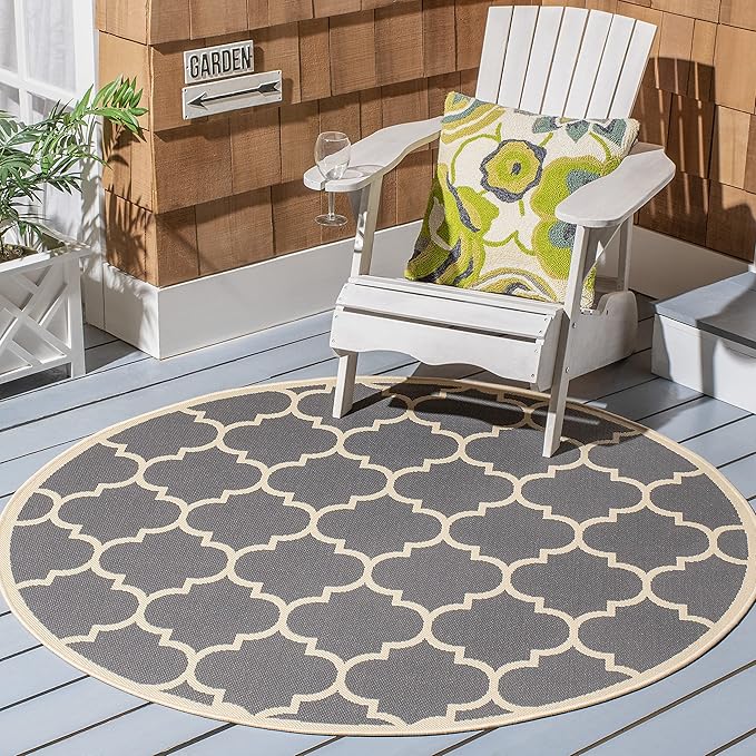 SAFAVIEH Washable Rug Outdoor Courtyard Collection - 6'7" Round, Anthracite & Beige, Non-Shedding & Easy Cleaning, Ideal for Patio, Backyard, Mudroom (CY6914-246)