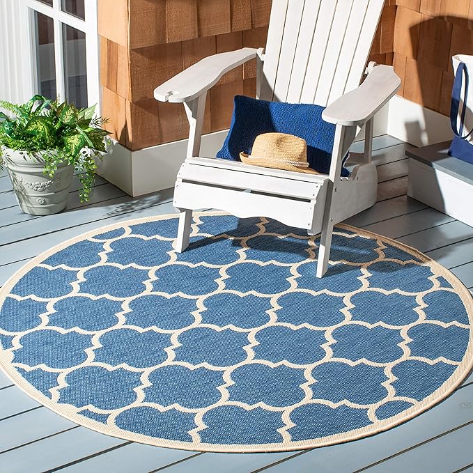 SAFAVIEH Courtyard Collection 4' Round Blue/Beige CY6914 Trellis Indoor-Outdoor Waterproof Easy-Cleaning Patio Backyard Mudroom Area-Rug