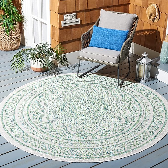 SAFAVIEH Washable Rug Outdoor Courtyard Collection - 4' Round, Ivory & Green, Non-Shedding & Easy Cleaning, Ideal for Patio, Backyard, Mudroom (CY8734-55712)