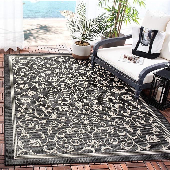 SAFAVIEH Washable Rug Outdoor Courtyard Collection - 5'3" Square, Black & Sand, Non-Shedding & Easy Cleaning, Ideal for Patio, Backyard, Mudroom (CY2098-3908)