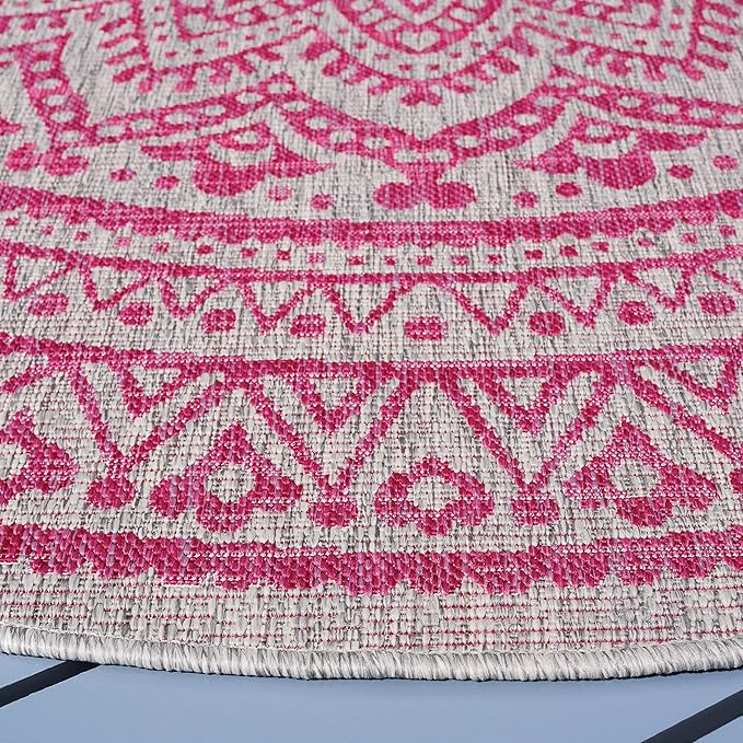 SAFAVIEH Washable Rug Outdoor Courtyard Collection - 6'7" Round, Light Grey & Fuchsia Pink Purple, Non-Shedding & Easy Cleaning, Ideal for Patio, Backyard, Mudroom (CY8734-39712)