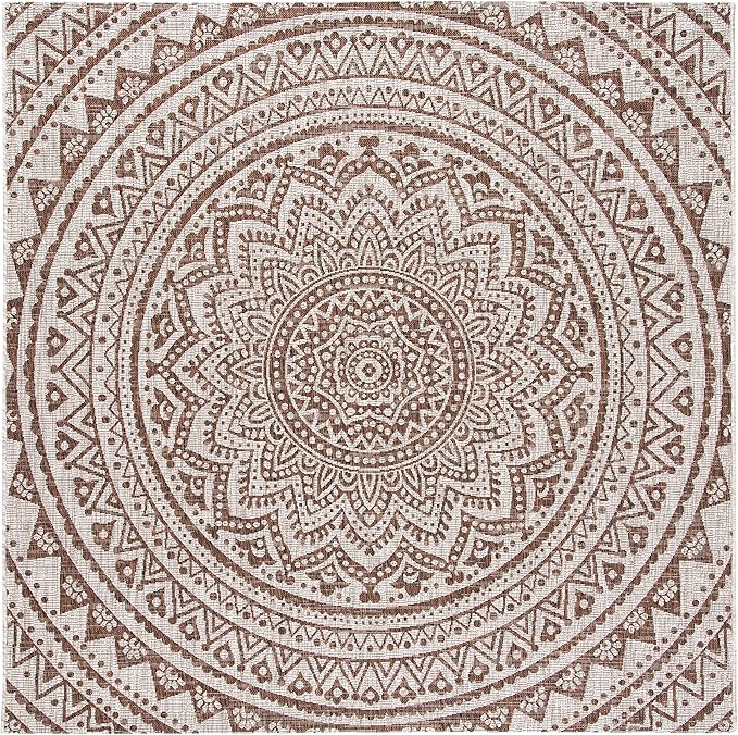SAFAVIEH Washable Rug Outdoor Courtyard Collection - 9' Square, Light Beige & Light Brown, Non-Shedding & Easy Cleaning, Ideal for Patio, Backyard, Mudroom (CY8734-36312)