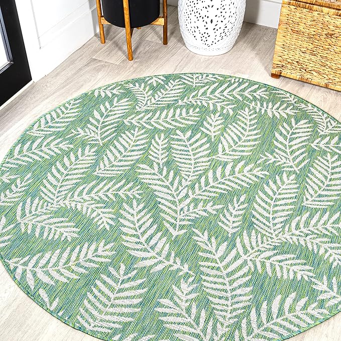 JONATHAN Y Palm Frond Indoor Outdoor Round Area Rug 5 Ft Cream/Green, Nevis for Backyard, Patio, Porch, Easy-Cleaning, High Traffic, Pet-Friendly, Non-Shedding (SMB119G-5R)