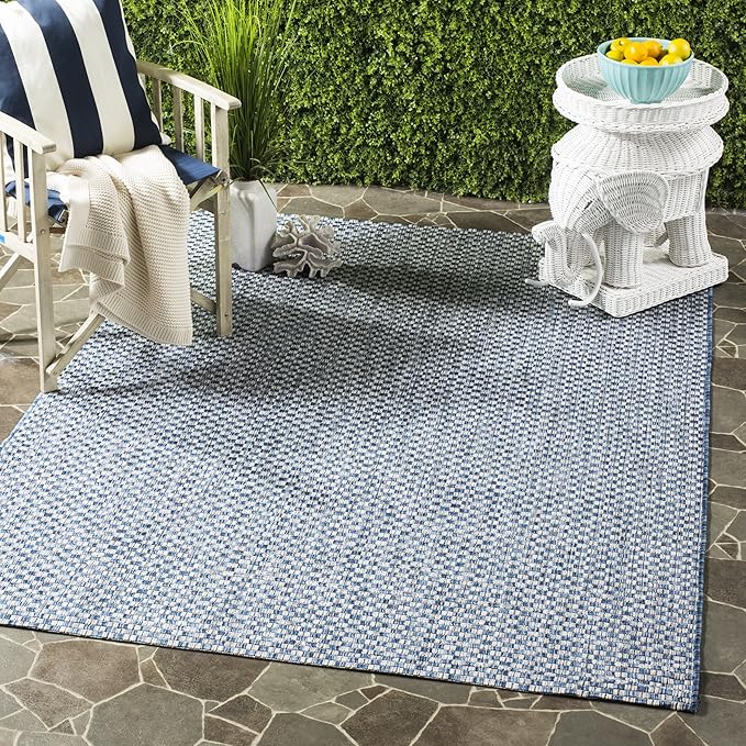 SAFAVIEH Washable Rug Outdoor Courtyard Collection - 6'7" Square, Blue & Light Grey, Non-Shedding & Easy Cleaning, Ideal for Patio, Backyard, Mudroom (CY8653-36821)