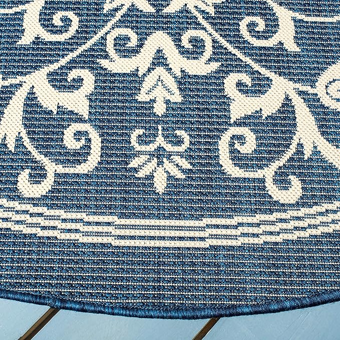 SAFAVIEH Washable Rug Outdoor Courtyard Collection - 6'7" Round, Navy & Beige, Non-Shedding & Easy Cleaning, Ideal for Patio, Backyard, Mudroom (CY2098-268)
