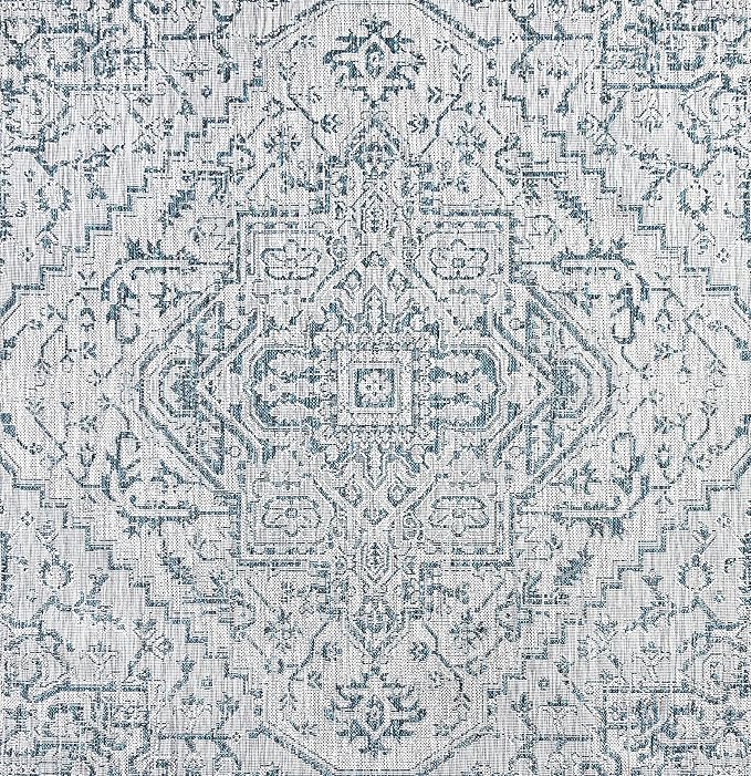 JONATHAN Y Boho Medallion Indoor Outdoor Square Area Rug 4X4 Teal/Gray, Estrella Textured Weave for Backyard, Patio, Porch, Easy-Cleaning, High Traffic, Pet-Friendly, Non-Shedding (SMB105C-4SQ)