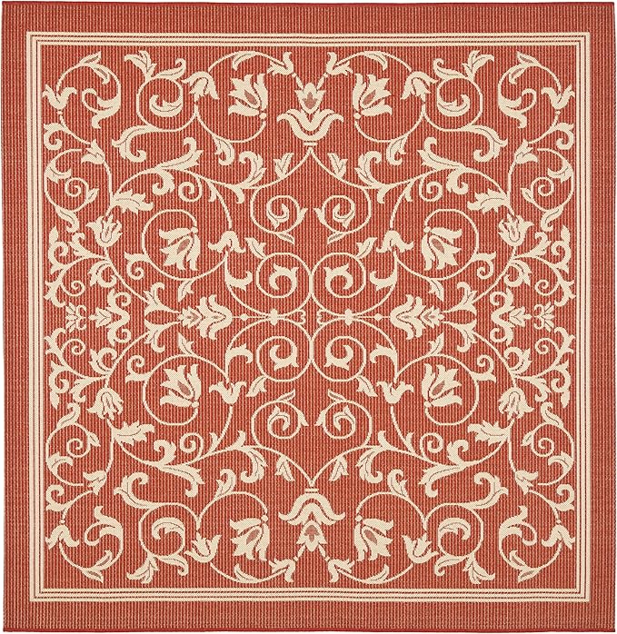 SAFAVIEH Washable Rug Outdoor Courtyard Collection - 6'7" Square, Red & Natural, Non-Shedding & Easy Cleaning, Ideal for Patio, Backyard, Mudroom (CY2098-3707)