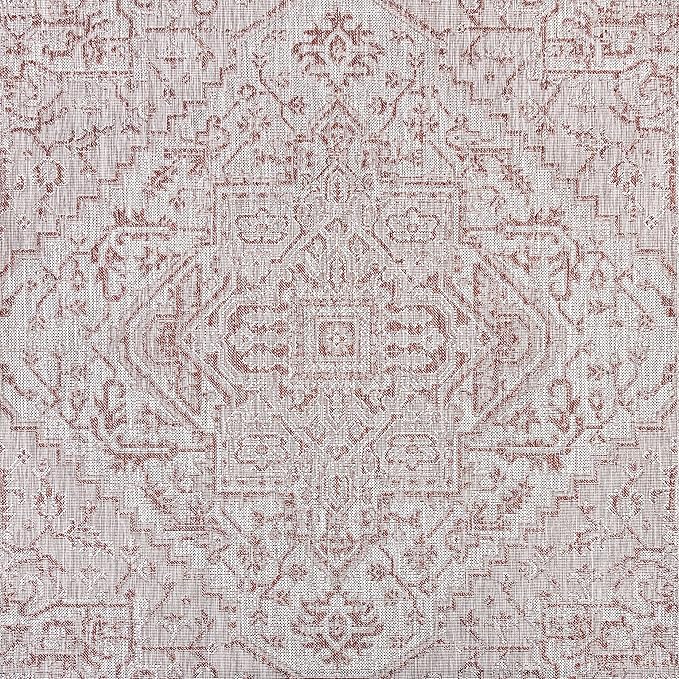 JONATHAN Y Boho Medallion Indoor Outdoor Square Area Rug 9X9 Red/Taupe, Estrella Textured Weave for Backyard, Patio, Porch, Easy-Cleaning, High Traffic, Pet-Friendly, Non-Shedding (SMB105A-9SQ)